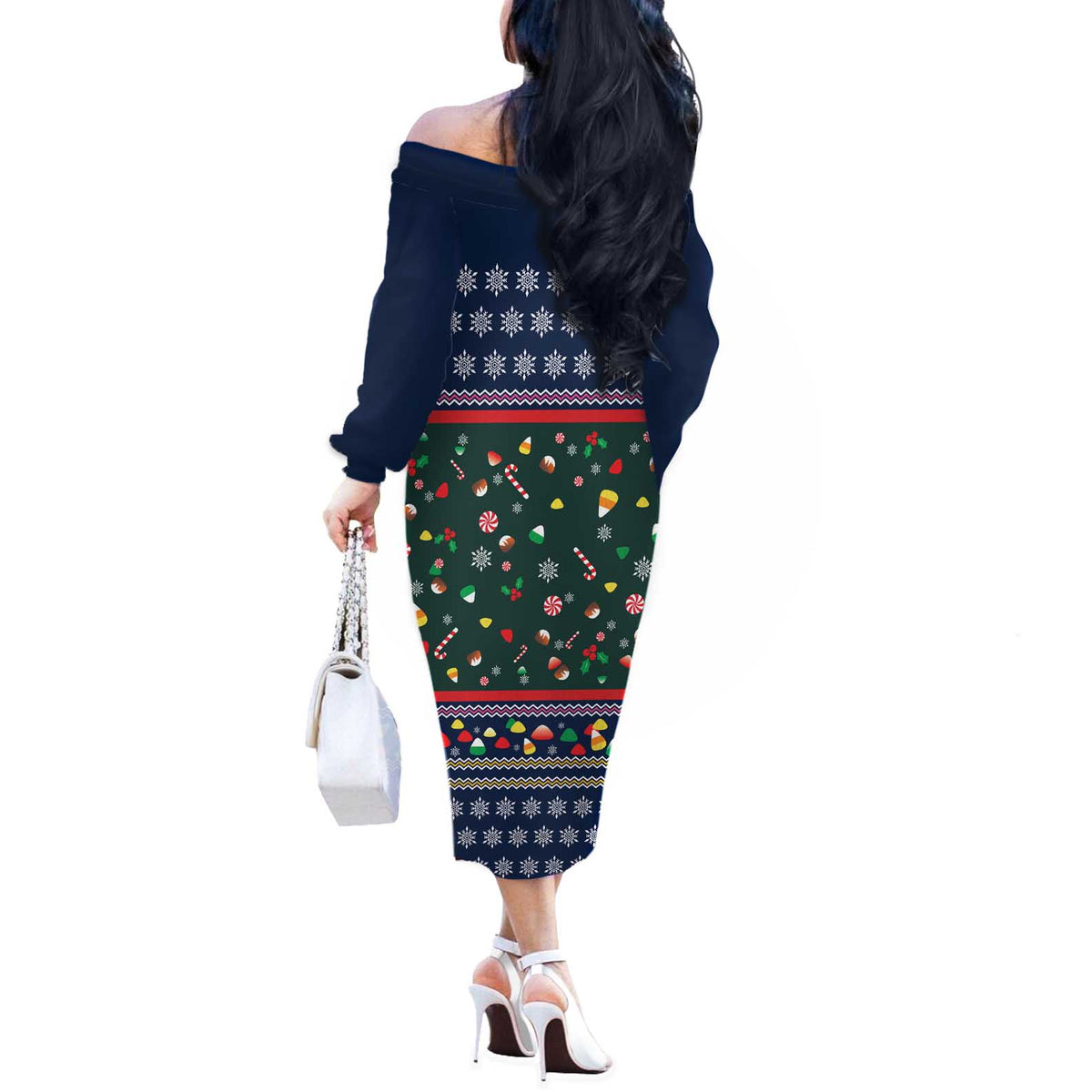 Nutcracker Squad Christmas Off The Shoulder Long Sleeve Dress with Candy Cane and Snowflake Holiday Design - Wonder Print Shop