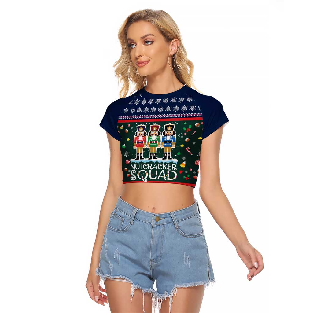 Nutcracker Squad Christmas Raglan Cropped T Shirt with Candy Cane and Snowflake Holiday Design - Wonder Print Shop
