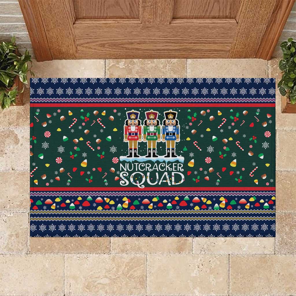Nutcracker Squad Christmas Rubber Doormat with Candy Cane and Snowflake Holiday Design - Wonder Print Shop