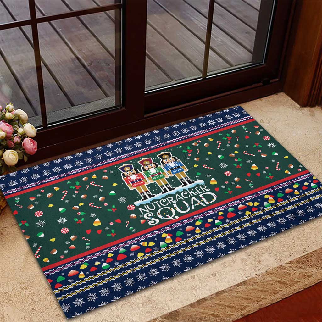 Nutcracker Squad Christmas Rubber Doormat with Candy Cane and Snowflake Holiday Design - Wonder Print Shop