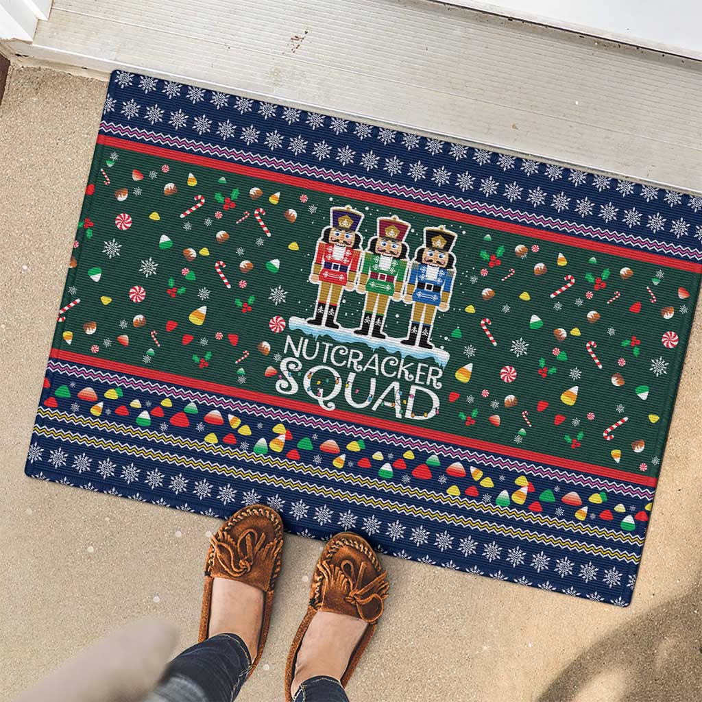 Nutcracker Squad Christmas Rubber Doormat with Candy Cane and Snowflake Holiday Design - Wonder Print Shop