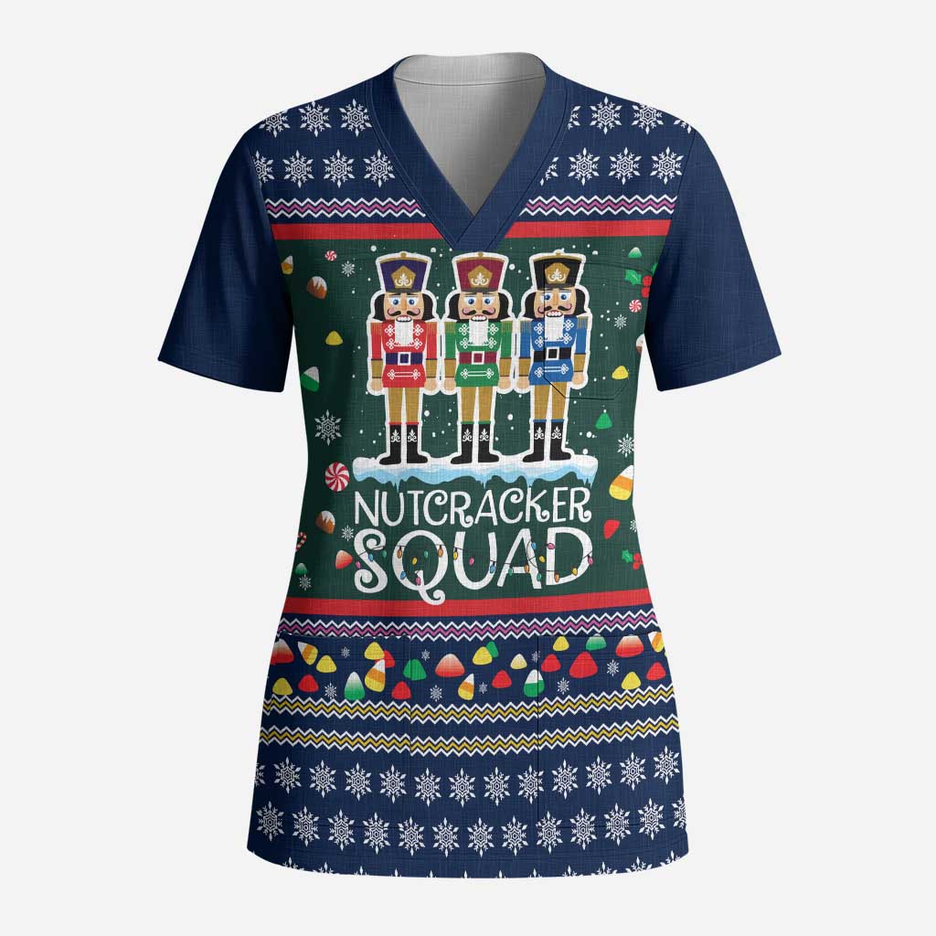 Nutcracker Squad Christmas Scrub Top with Candy Cane and Snowflake Holiday Design - Wonder Print Shop