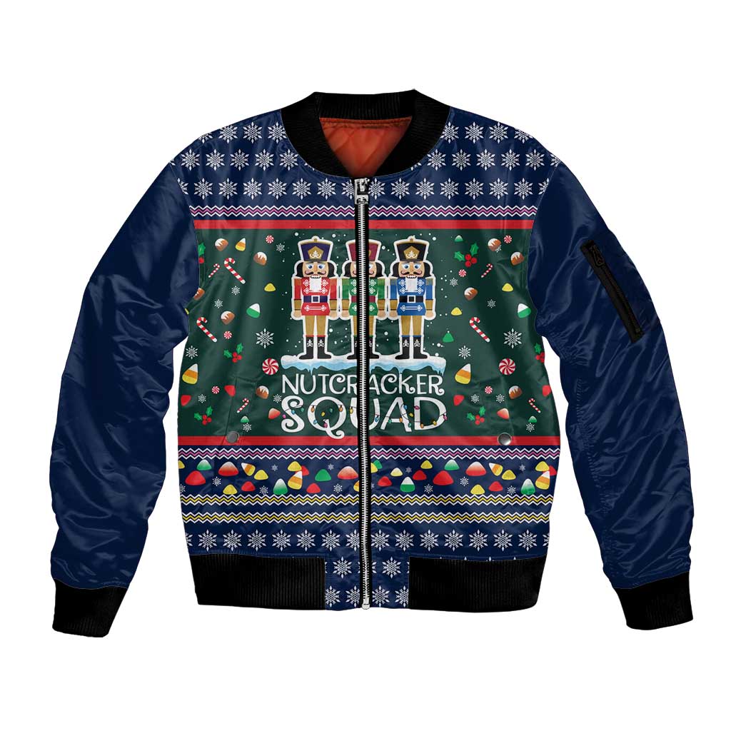 Nutcracker Squad Christmas Sleeve Zip Bomber Jacket with Candy Cane and Snowflake Holiday Design - Wonder Print Shop