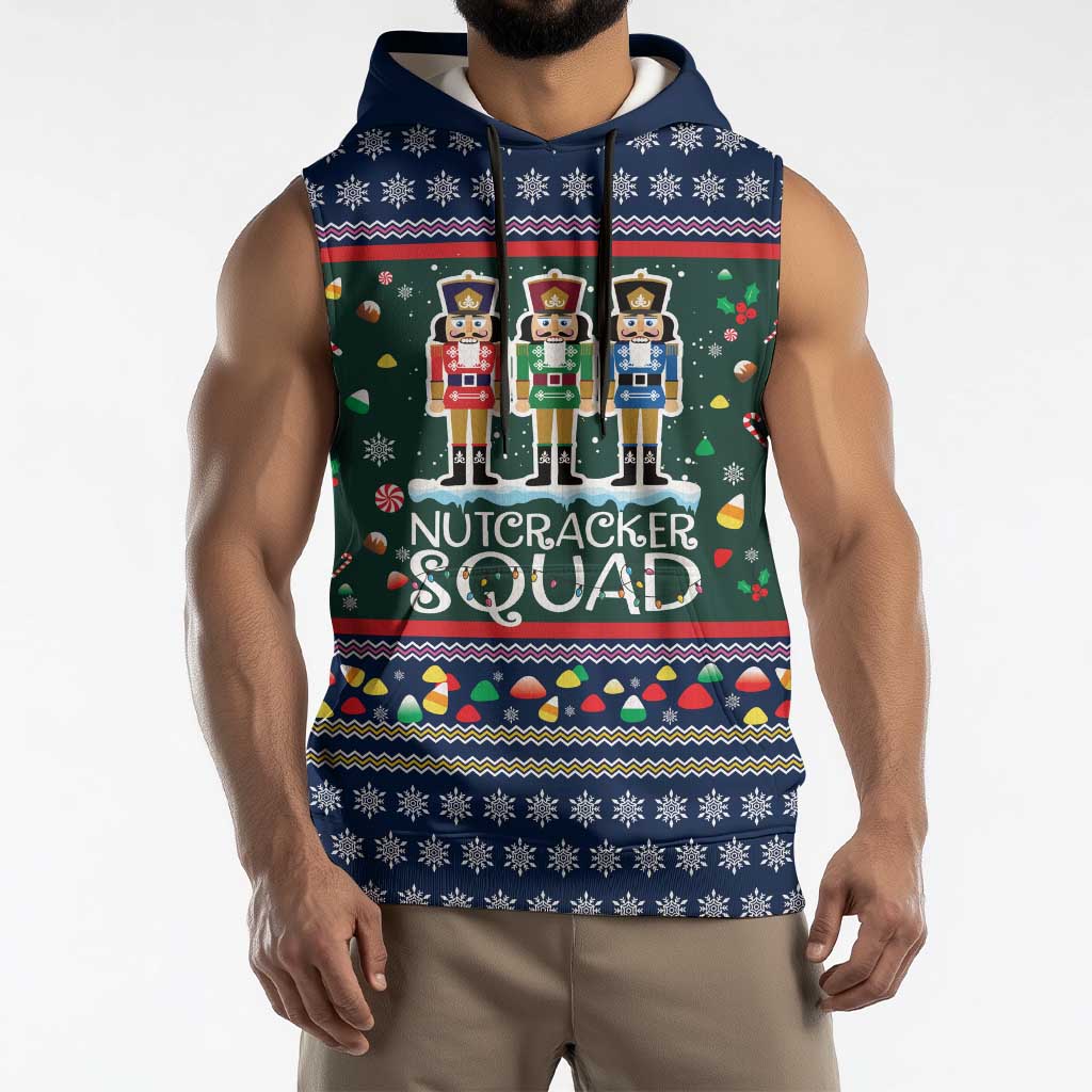 Nutcracker Squad Christmas Sleeveless Hoodie with Candy Cane and Snowflake Holiday Design - Wonder Print Shop