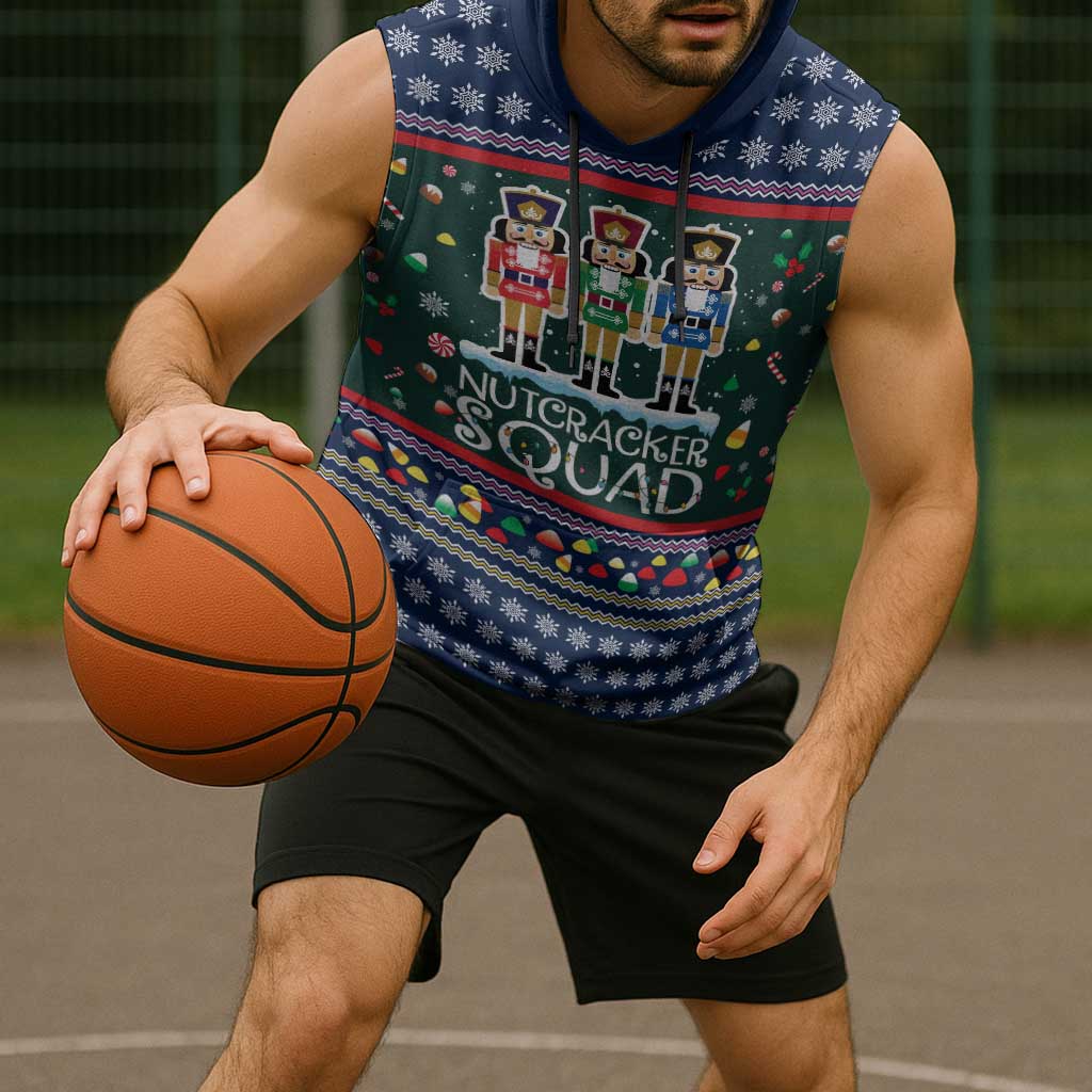 Nutcracker Squad Christmas Sleeveless Hoodie with Candy Cane and Snowflake Holiday Design - Wonder Print Shop