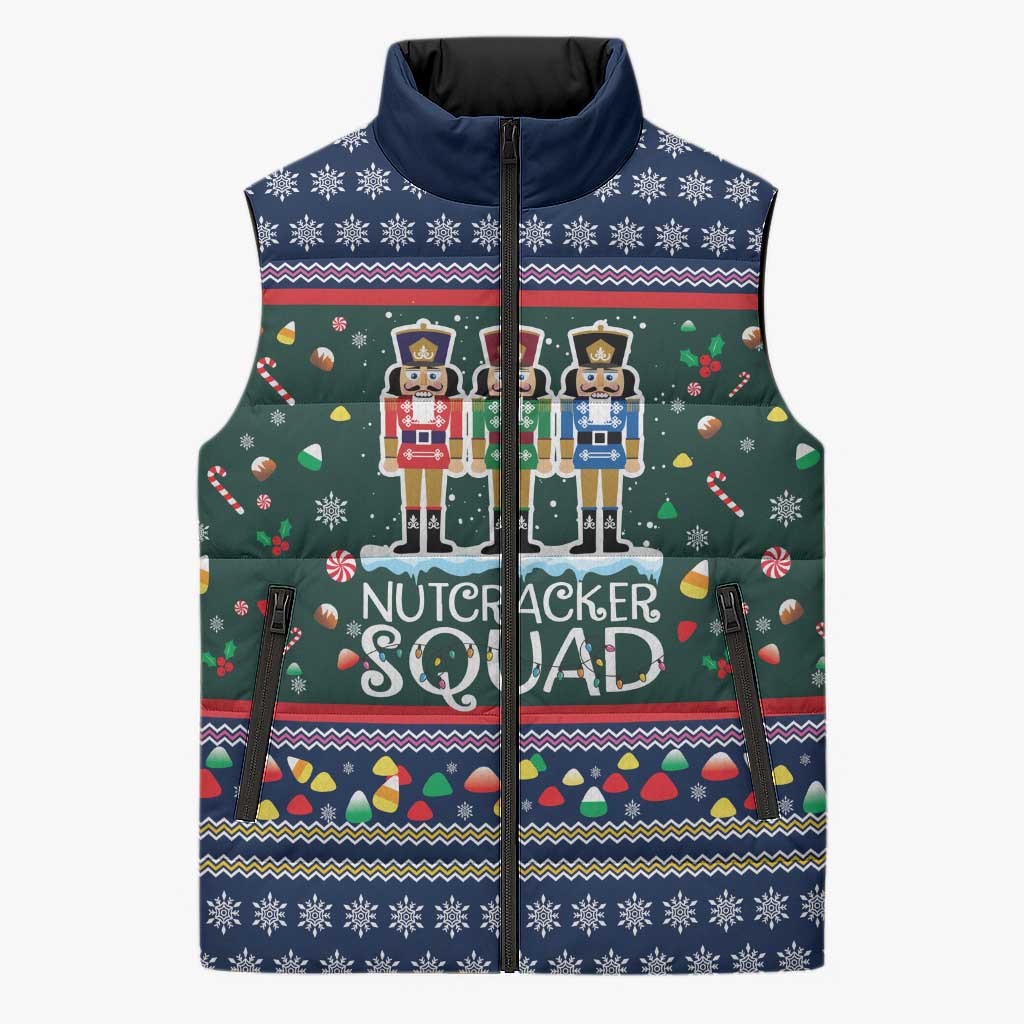 Nutcracker Squad Christmas Sleeveless Puffer Jacket with Candy Cane and Snowflake Holiday Design - Wonder Print Shop