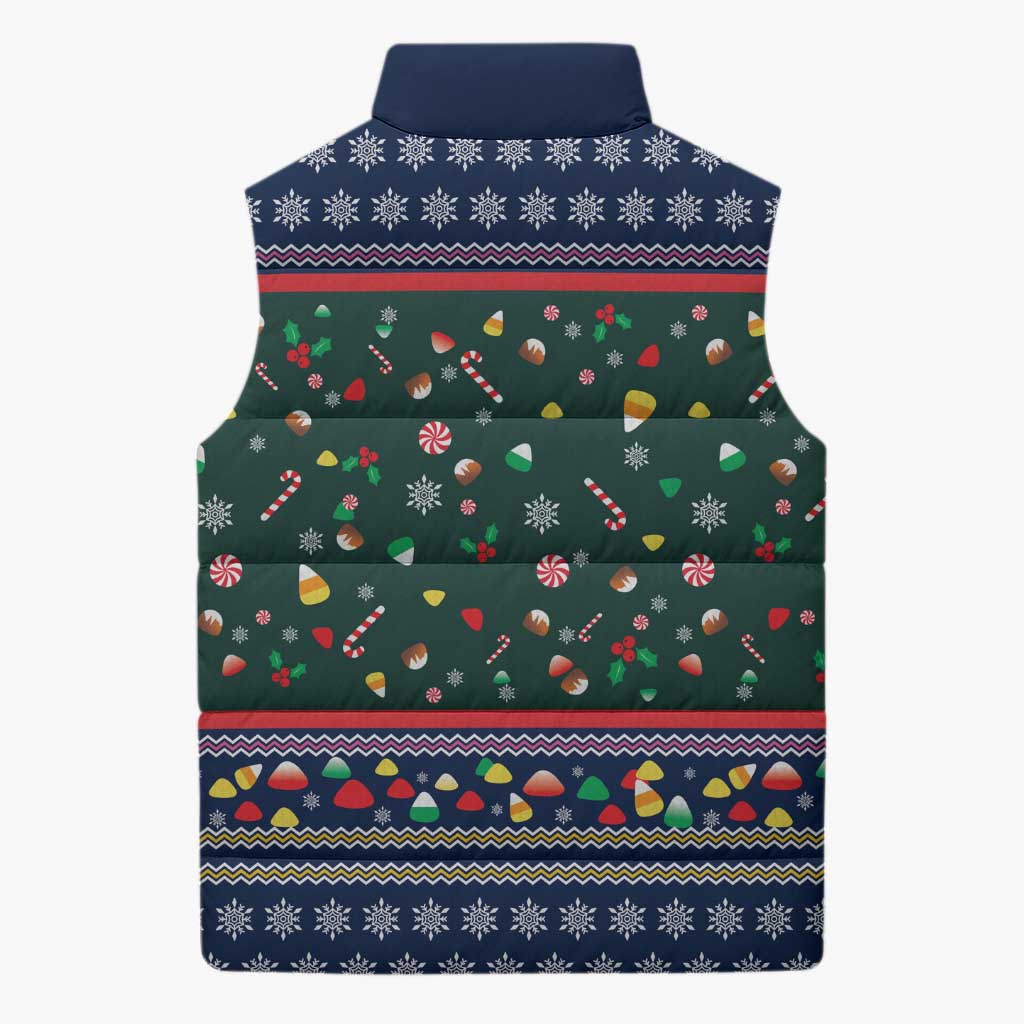Nutcracker Squad Christmas Sleeveless Puffer Jacket with Candy Cane and Snowflake Holiday Design - Wonder Print Shop