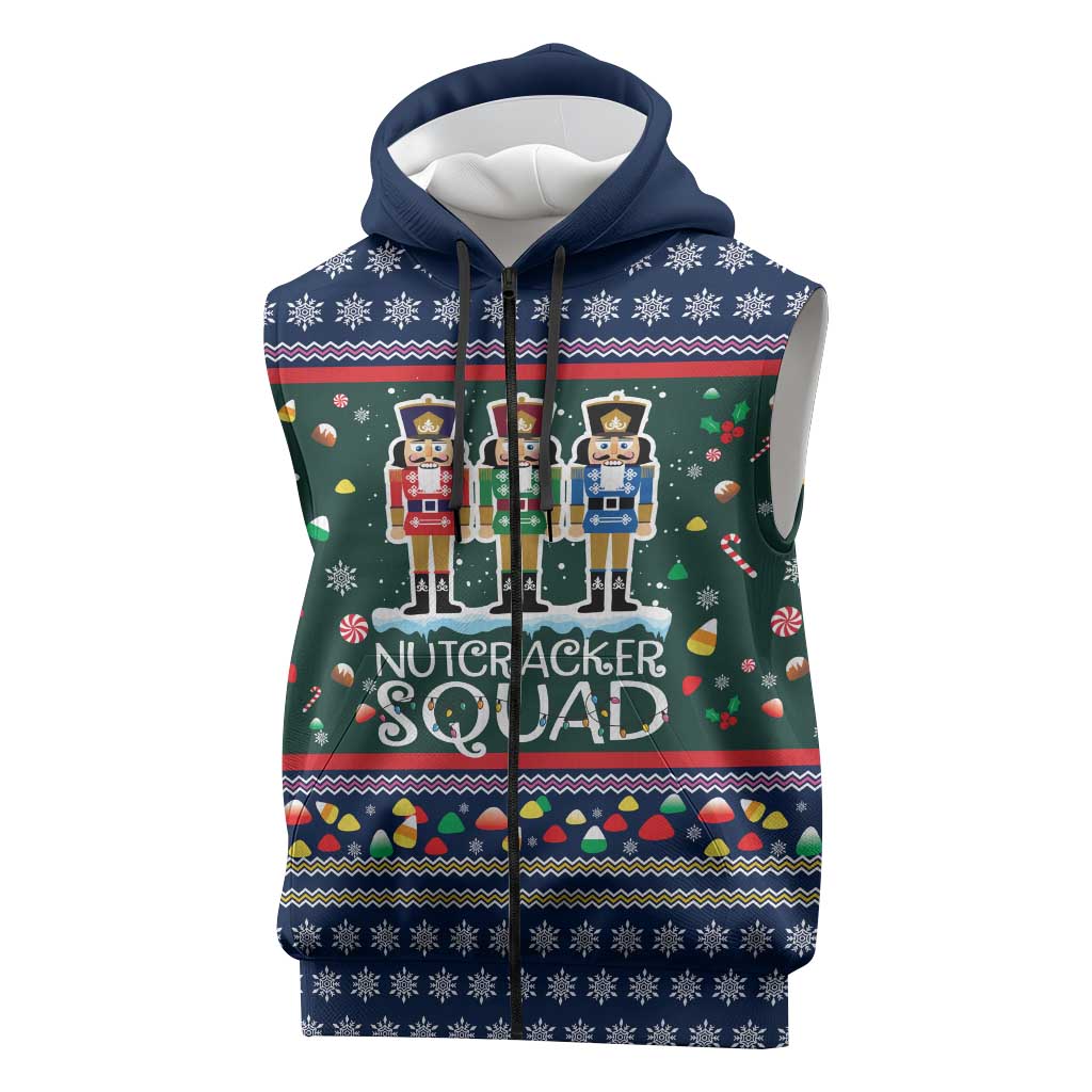 Nutcracker Squad Christmas Sleeveless Zip Hoodie with Candy Cane and Snowflake Holiday Design - Wonder Print Shop