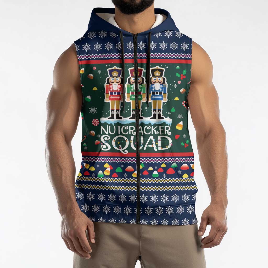 Nutcracker Squad Christmas Sleeveless Zip Hoodie with Candy Cane and Snowflake Holiday Design - Wonder Print Shop