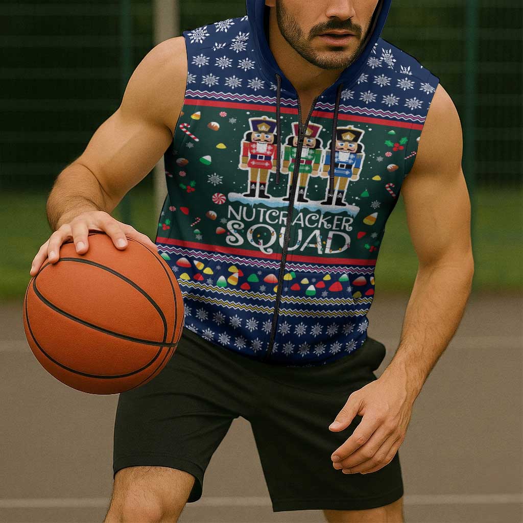 Nutcracker Squad Christmas Sleeveless Zip Hoodie with Candy Cane and Snowflake Holiday Design - Wonder Print Shop