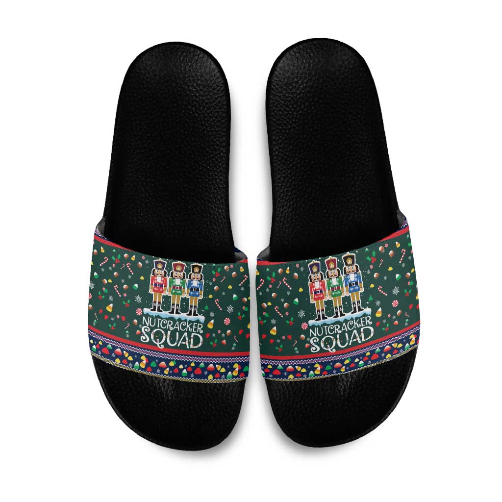 Nutcracker Squad Christmas Slide Sandals with Candy Cane and Snowflake Holiday Design - Wonder Print Shop