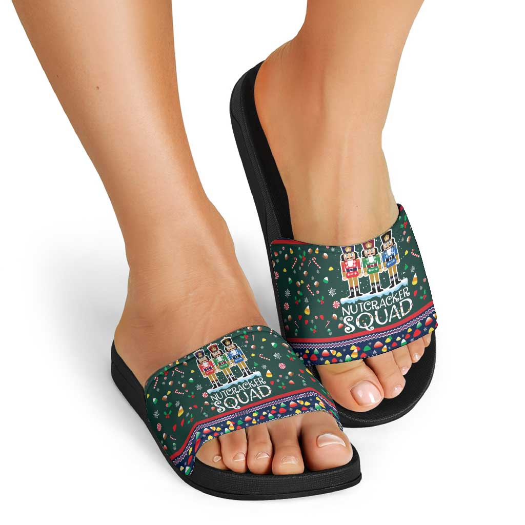 Nutcracker Squad Christmas Slide Sandals with Candy Cane and Snowflake Holiday Design - Wonder Print Shop