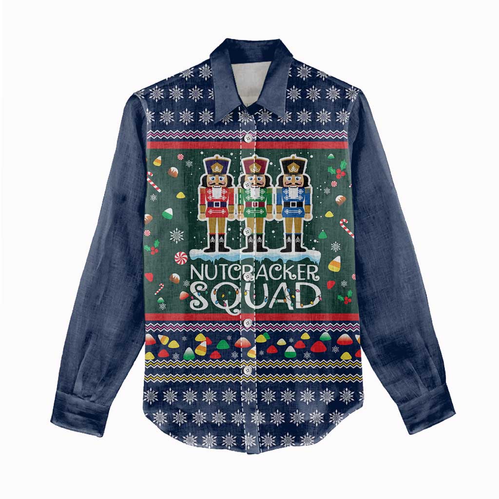 Nutcracker Squad Christmas Women Casual Shirt with Candy Cane and Snowflake Holiday Design - Wonder Print Shop