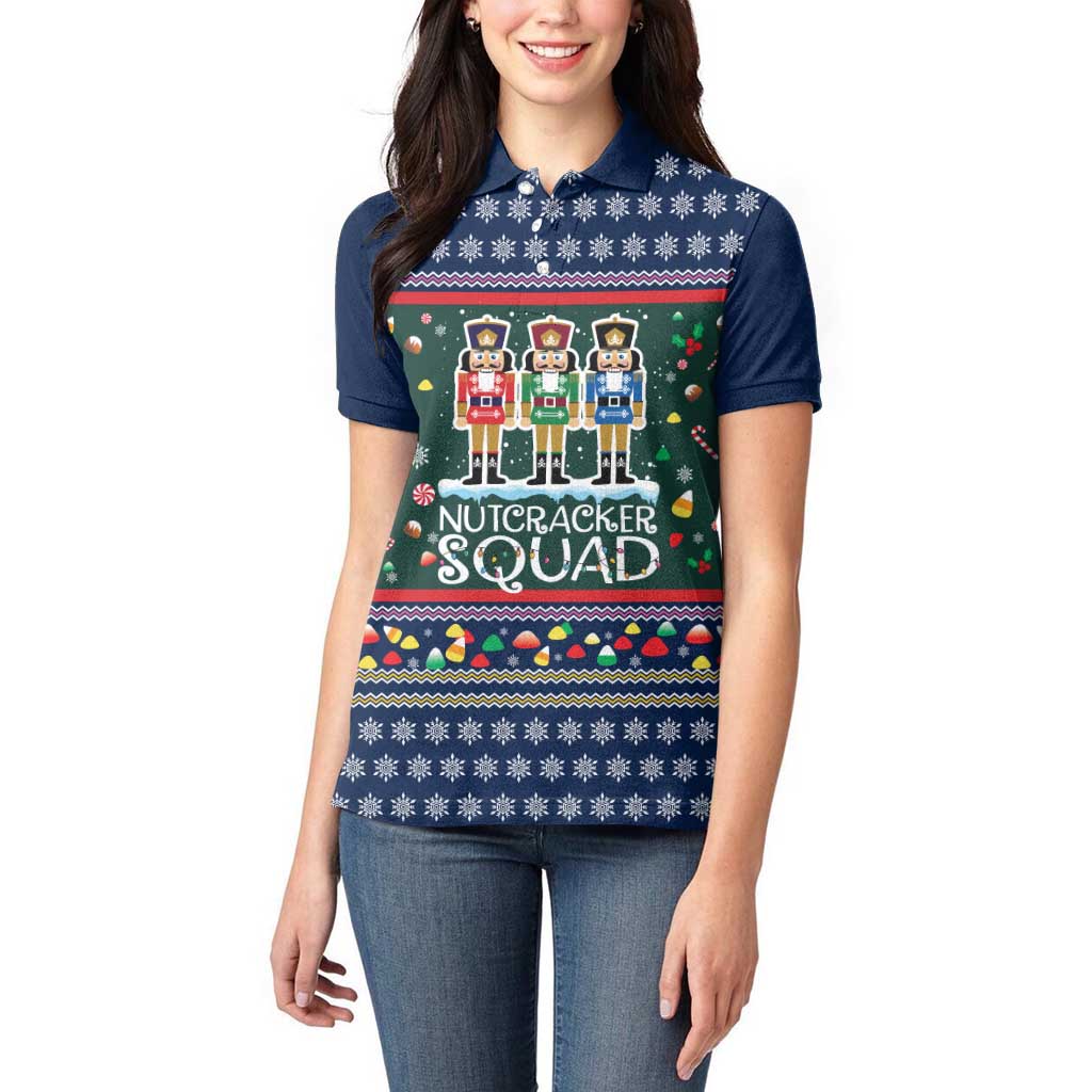 Nutcracker Squad Christmas Women Polo Shirt with Candy Cane and Snowflake Holiday Design - Wonder Print Shop