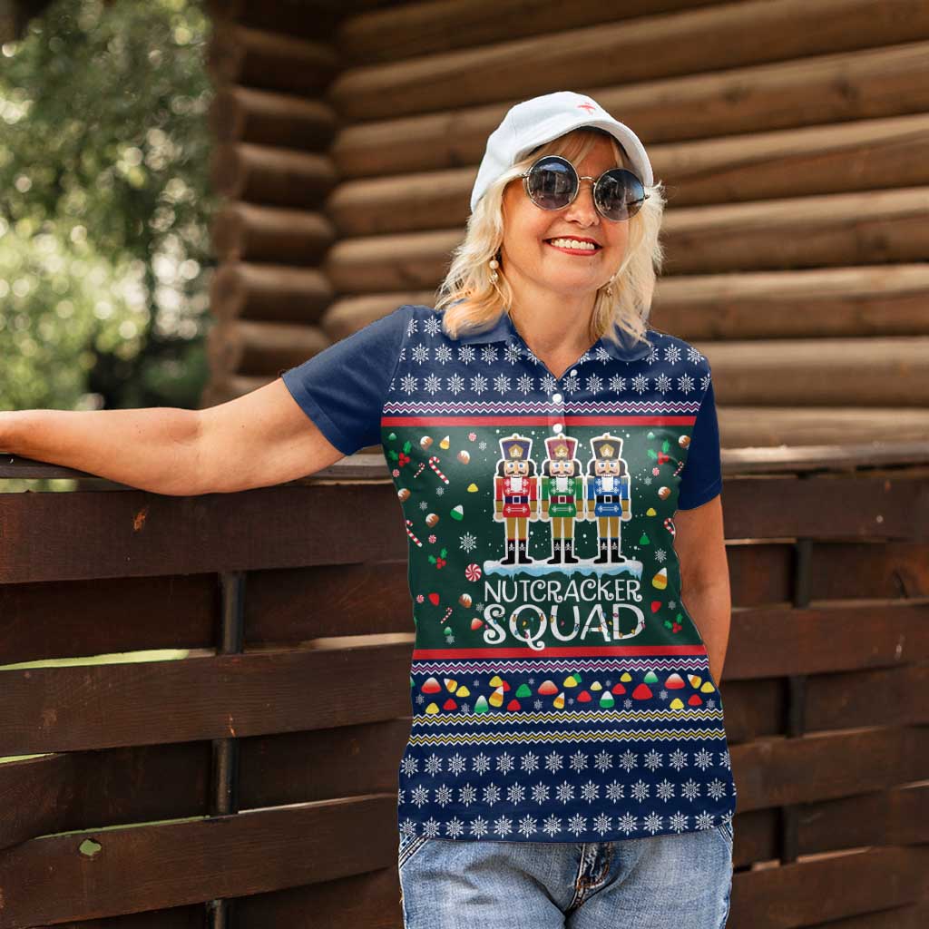 Nutcracker Squad Christmas Women Polo Shirt with Candy Cane and Snowflake Holiday Design - Wonder Print Shop