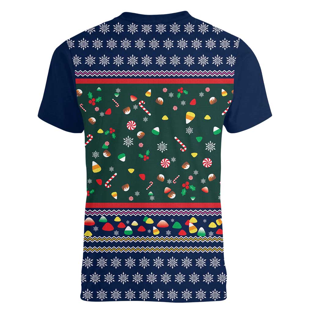Nutcracker Squad Christmas Women V-Neck T-Shirt with Candy Cane and Snowflake Holiday Design - Wonder Print Shop