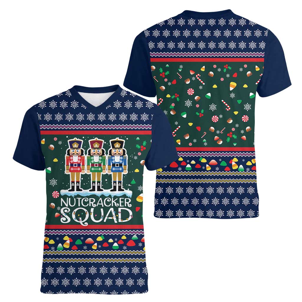 Nutcracker Squad Christmas Women V-Neck T-Shirt with Candy Cane and Snowflake Holiday Design - Wonder Print Shop