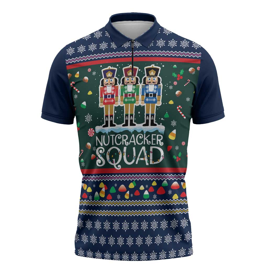 Nutcracker Squad Christmas Zipper Polo Shirt with Candy Cane and Snowflake Holiday Design - Wonder Print Shop
