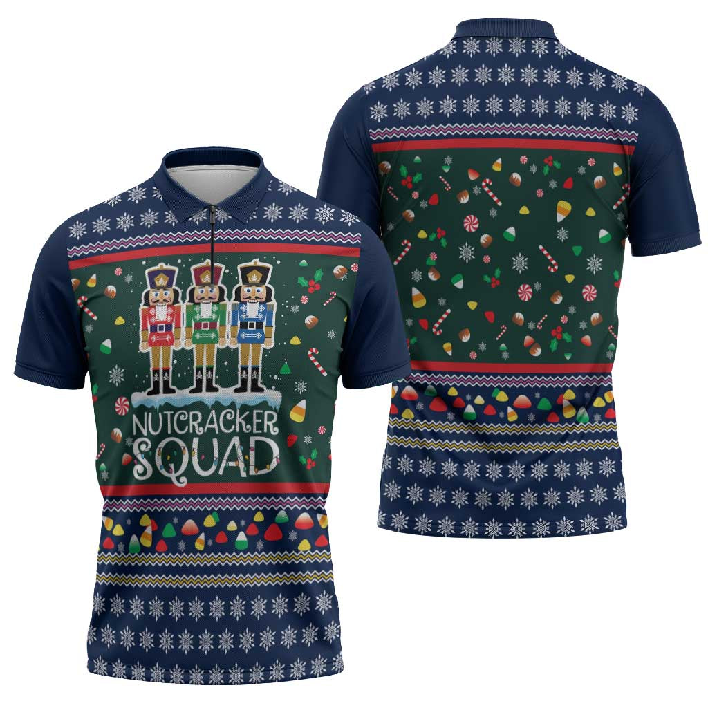 Nutcracker Squad Christmas Zipper Polo Shirt with Candy Cane and Snowflake Holiday Design - Wonder Print Shop