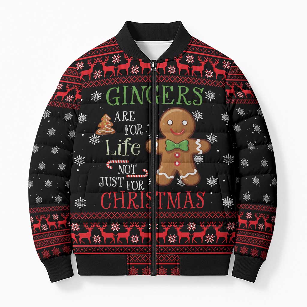 Funny Gingerbread Christmas Bomber Puffer Jacket Hoodie with Gingers Are for Life Quote and Snowflake Pattern - Wonder Print Shop