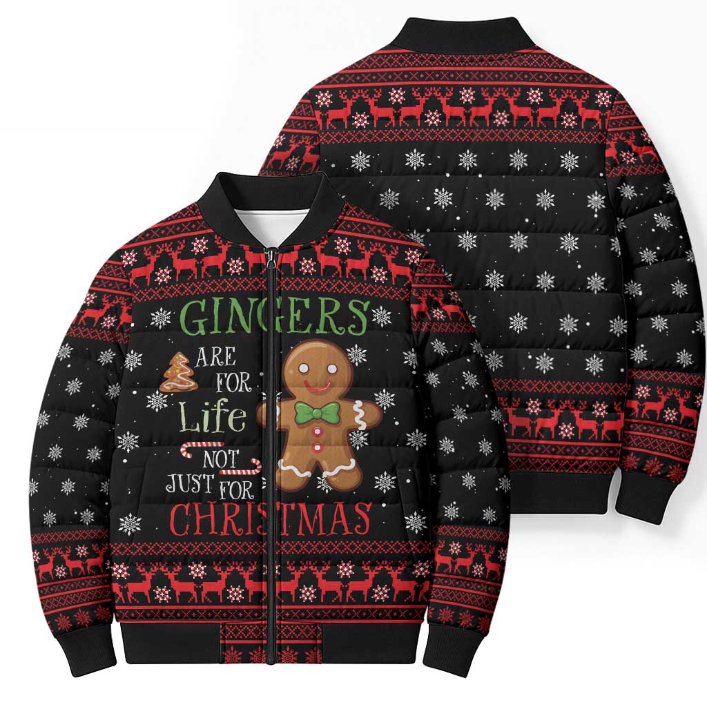 Funny Gingerbread Christmas Bomber Puffer Jacket Hoodie with Gingers Are for Life Quote and Snowflake Pattern - Wonder Print Shop