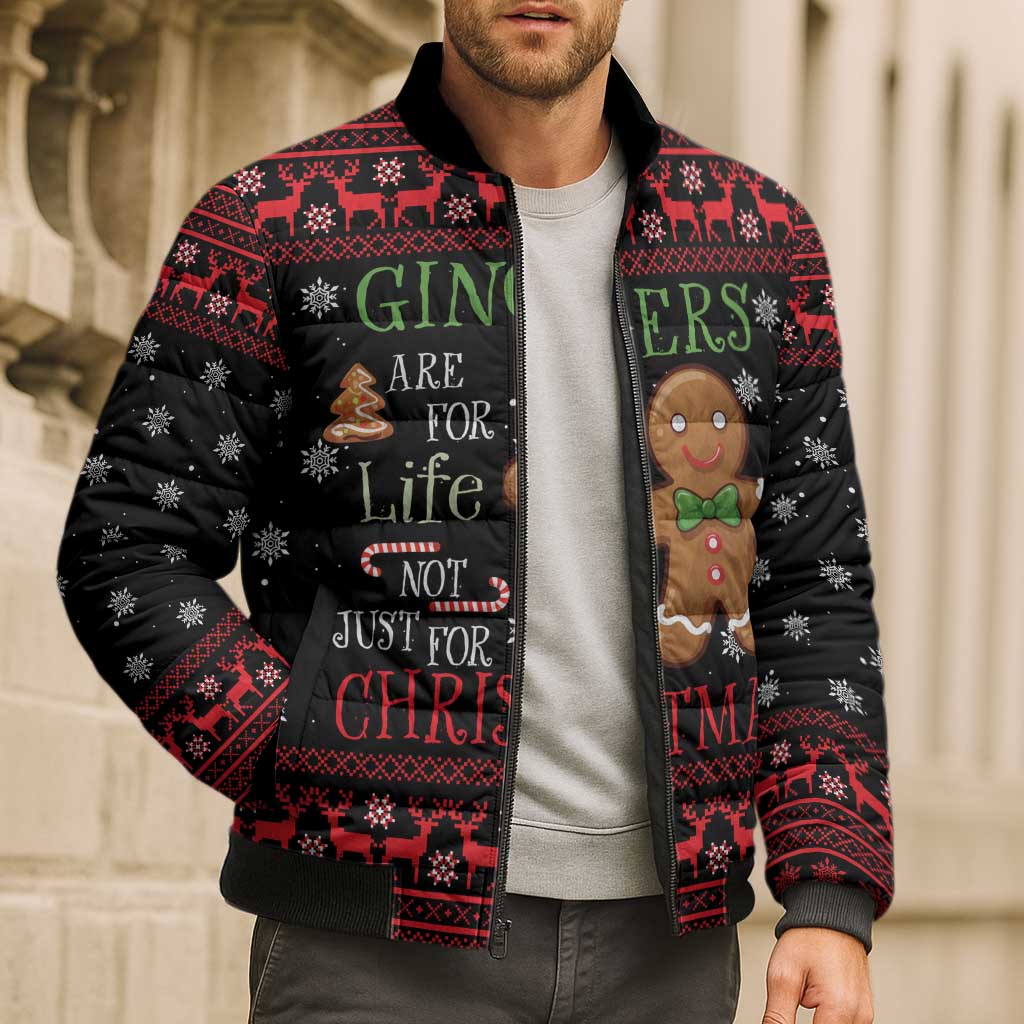 Funny Gingerbread Christmas Bomber Puffer Jacket Hoodie with Gingers Are for Life Quote and Snowflake Pattern - Wonder Print Shop