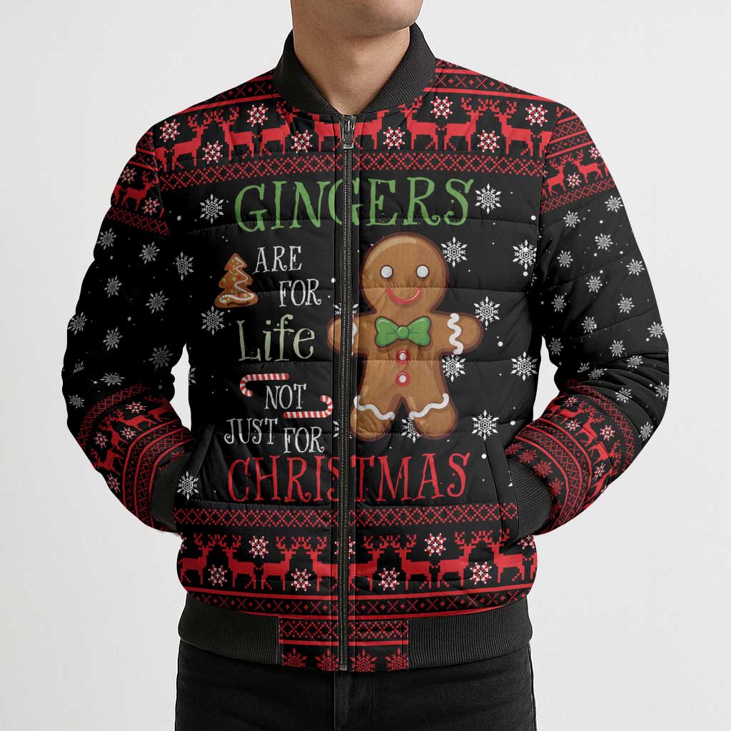 Funny Gingerbread Christmas Bomber Puffer Jacket Hoodie with Gingers Are for Life Quote and Snowflake Pattern - Wonder Print Shop