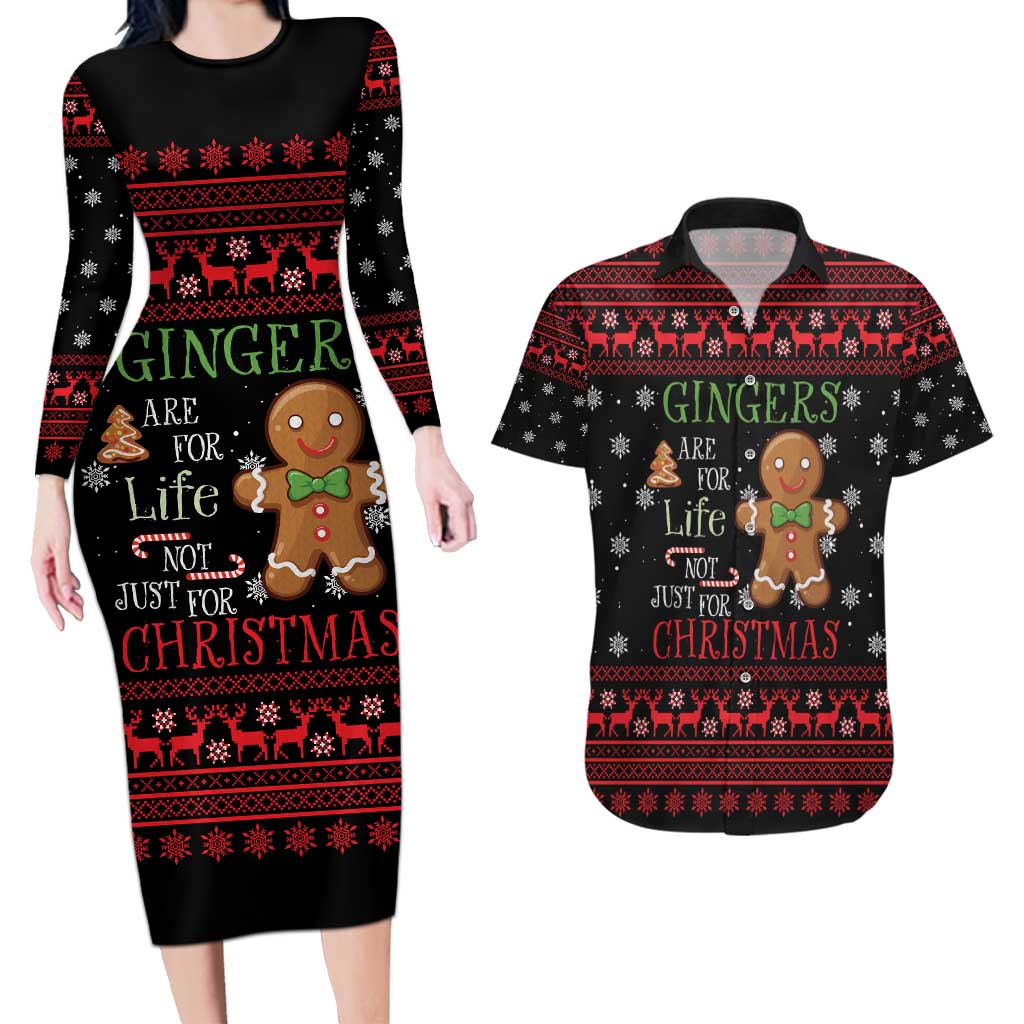 Funny Gingerbread Christmas Couples Matching Long Sleeve Bodycon Dress and Hawaiian Shirt Hoodie with Gingers Are for Life Quote and Snowflake Pattern - Wonder Print Shop