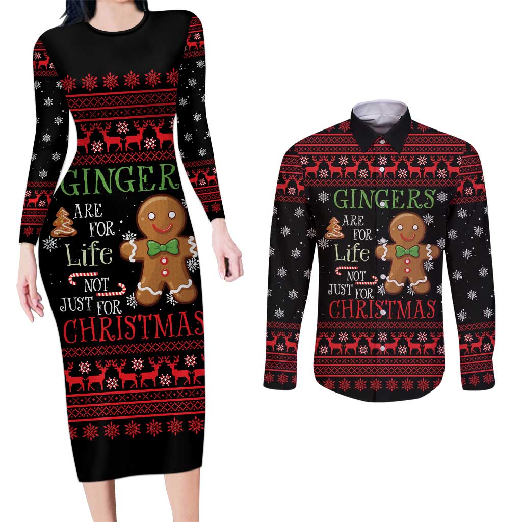 Funny Gingerbread Christmas Couples Matching Long Sleeve Bodycon Dress and Long Sleeve Button Shirt Hoodie with Gingers Are for Life Quote and Snowflake Pattern - Wonder Print Shop