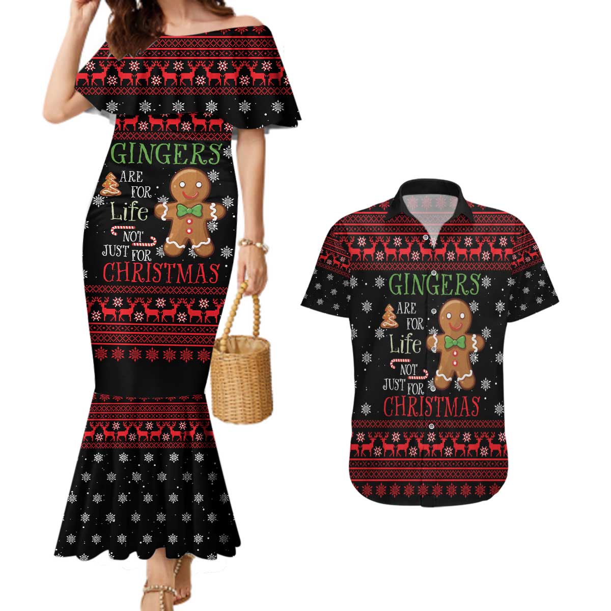 Funny Gingerbread Christmas Couples Matching Mermaid Dress and Hawaiian Shirt Hoodie with Gingers Are for Life Quote and Snowflake Pattern - Wonder Print Shop