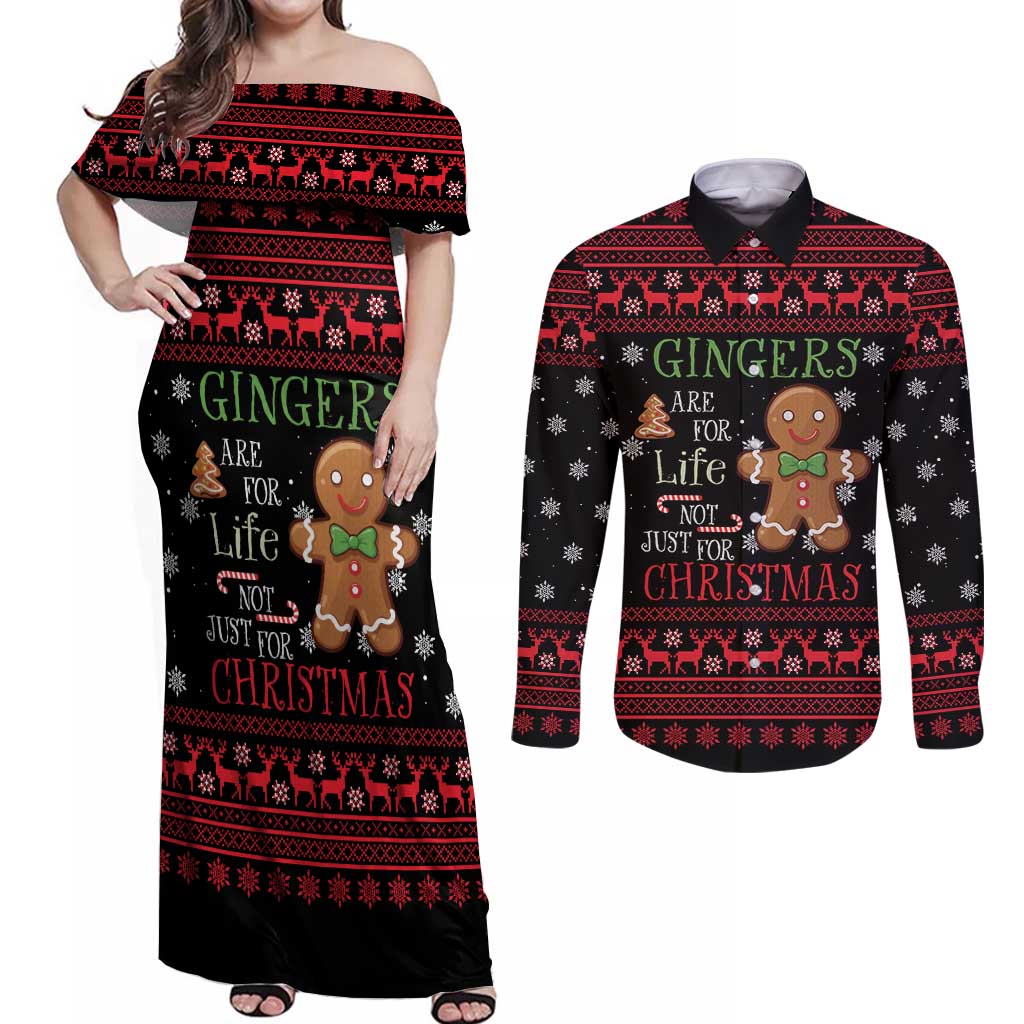 Funny Gingerbread Christmas Couples Matching Off Shoulder Maxi Dress and Long Sleeve Button Shirt Hoodie with Gingers Are for Life Quote and Snowflake Pattern - Wonder Print Shop