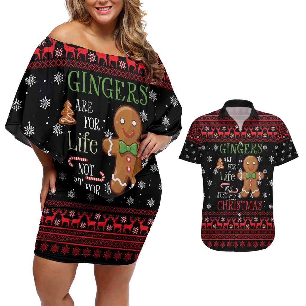 Funny Gingerbread Christmas Couples Matching Off Shoulder Short Dress and Hawaiian Shirt Hoodie with Gingers Are for Life Quote and Snowflake Pattern - Wonder Print Shop