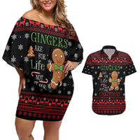 Funny Gingerbread Christmas Couples Matching Off Shoulder Short Dress and Hawaiian Shirt Hoodie with Gingers Are for Life Quote and Snowflake Pattern - Wonder Print Shop