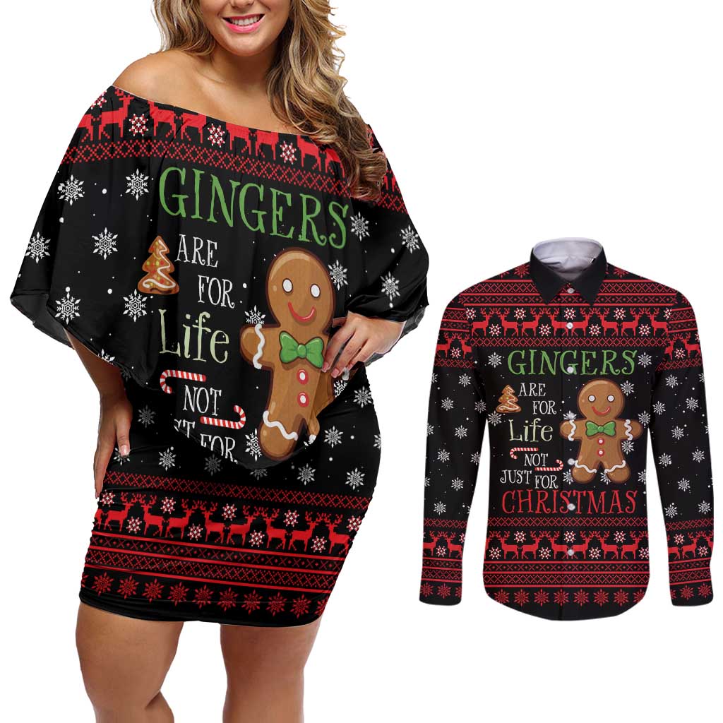 Funny Gingerbread Christmas Couples Matching Off Shoulder Short Dress and Long Sleeve Button Shirt Hoodie with Gingers Are for Life Quote and Snowflake Pattern - Wonder Print Shop