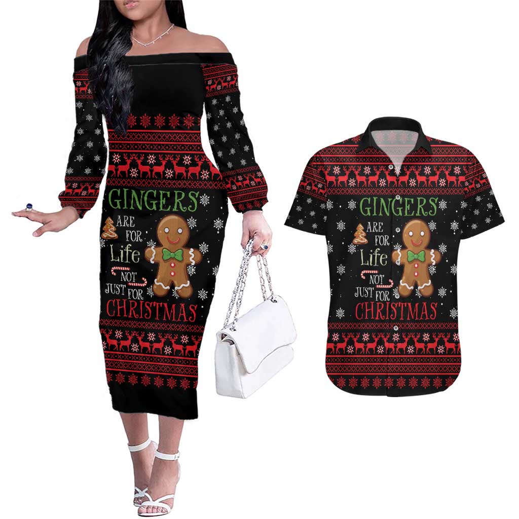 Funny Gingerbread Christmas Couples Matching Off The Shoulder Long Sleeve Dress and Hawaiian Shirt Hoodie with Gingers Are for Life Quote and Snowflake Pattern - Wonder Print Shop
