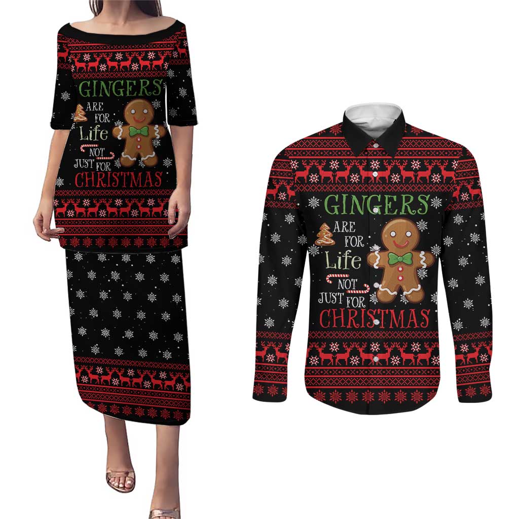Funny Gingerbread Christmas Couples Matching Puletasi and Long Sleeve Button Shirt Hoodie with Gingers Are for Life Quote and Snowflake Pattern - Wonder Print Shop