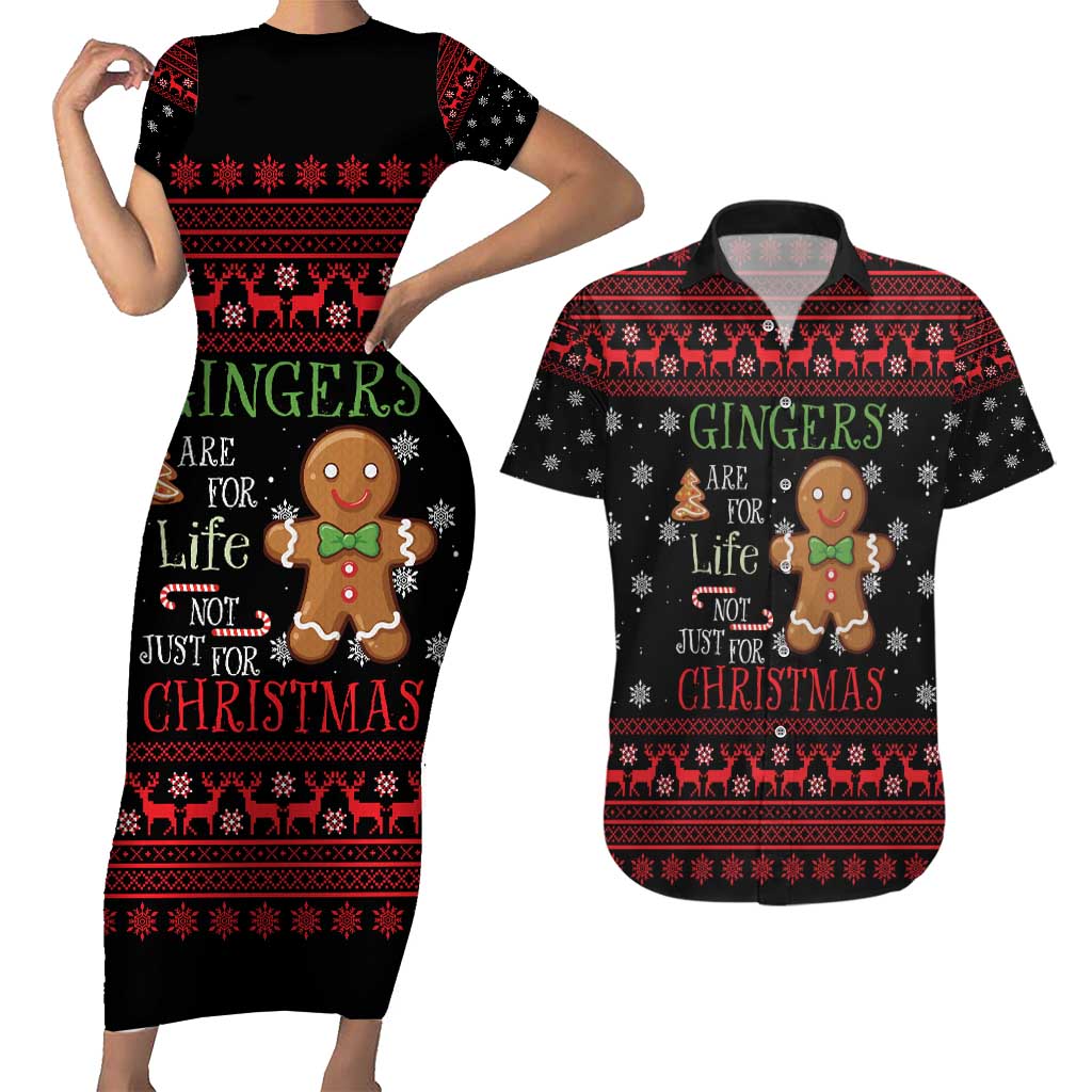 Funny Gingerbread Christmas Couples Matching Short Sleeve Bodycon Dress and Hawaiian Shirt Hoodie with Gingers Are for Life Quote and Snowflake Pattern - Wonder Print Shop