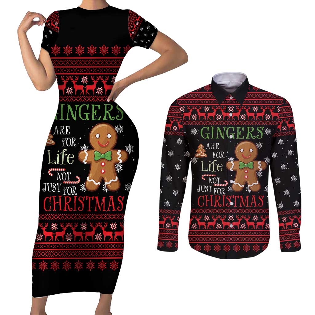 Funny Gingerbread Christmas Couples Matching Short Sleeve Bodycon Dress and Long Sleeve Button Shirt Hoodie with Gingers Are for Life Quote and Snowflake Pattern - Wonder Print Shop