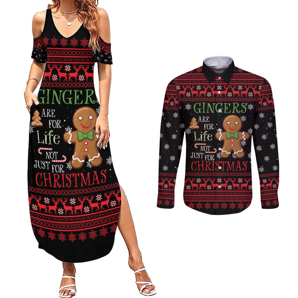 Funny Gingerbread Christmas Couples Matching Summer Maxi Dress and Long Sleeve Button Shirt Hoodie with Gingers Are for Life Quote and Snowflake Pattern - Wonder Print Shop