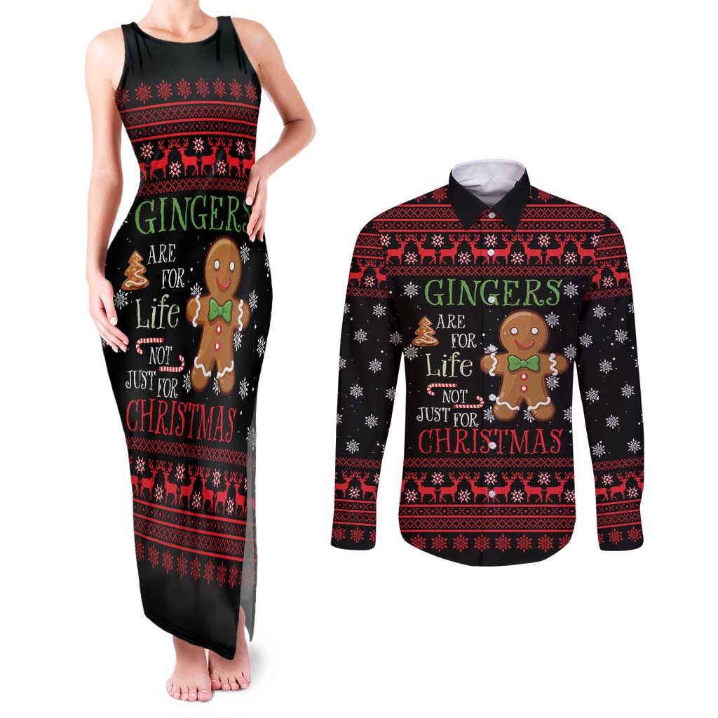 Funny Gingerbread Christmas Couples Matching Tank Maxi Dress and Long Sleeve Button Shirt Hoodie with Gingers Are for Life Quote and Snowflake Pattern - Wonder Print Shop