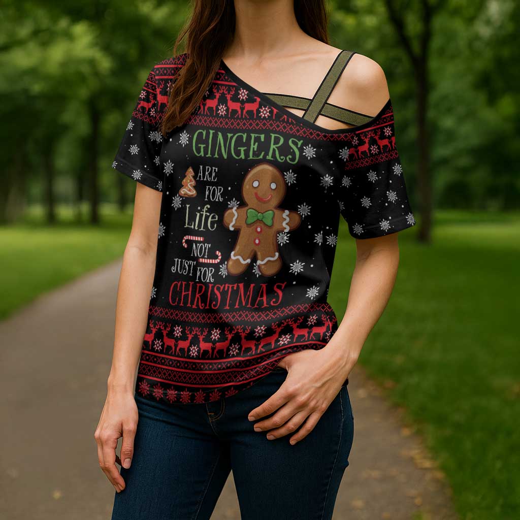 Funny Gingerbread Christmas Cross Shoulder Shirt Hoodie with Gingers Are for Life Quote and Snowflake Pattern - Wonder Print Shop