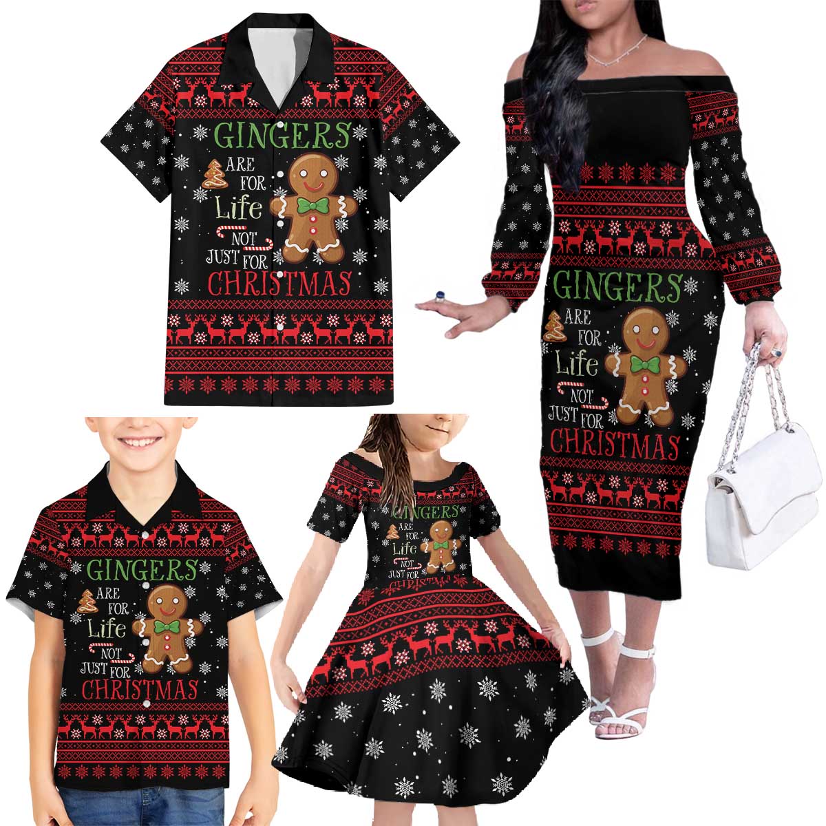 Funny Gingerbread Christmas Family Matching Off The Shoulder Long Sleeve Dress and Hawaiian Shirt Hoodie with Gingers Are for Life Quote and Snowflake Pattern - Wonder Print Shop