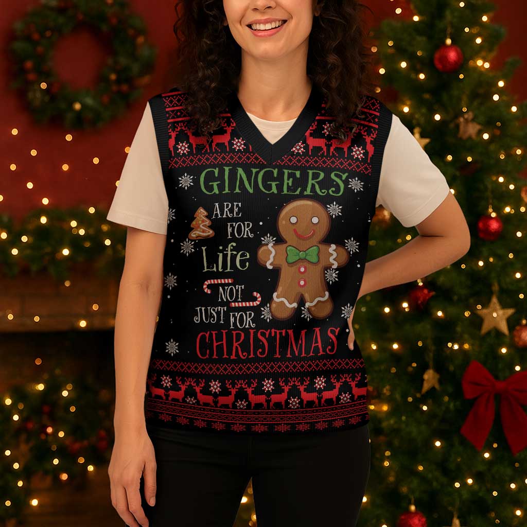Funny Gingerbread Christmas Knitted V-Neck Vest Hoodie with Gingers Are for Life Quote and Snowflake Pattern - Wonder Print Shop