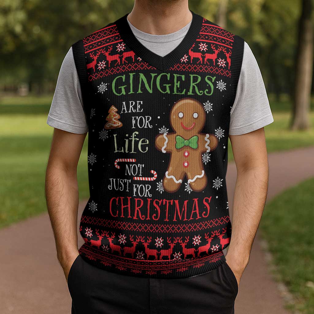 Funny Gingerbread Christmas Knitted V-Neck Vest Hoodie with Gingers Are for Life Quote and Snowflake Pattern - Wonder Print Shop