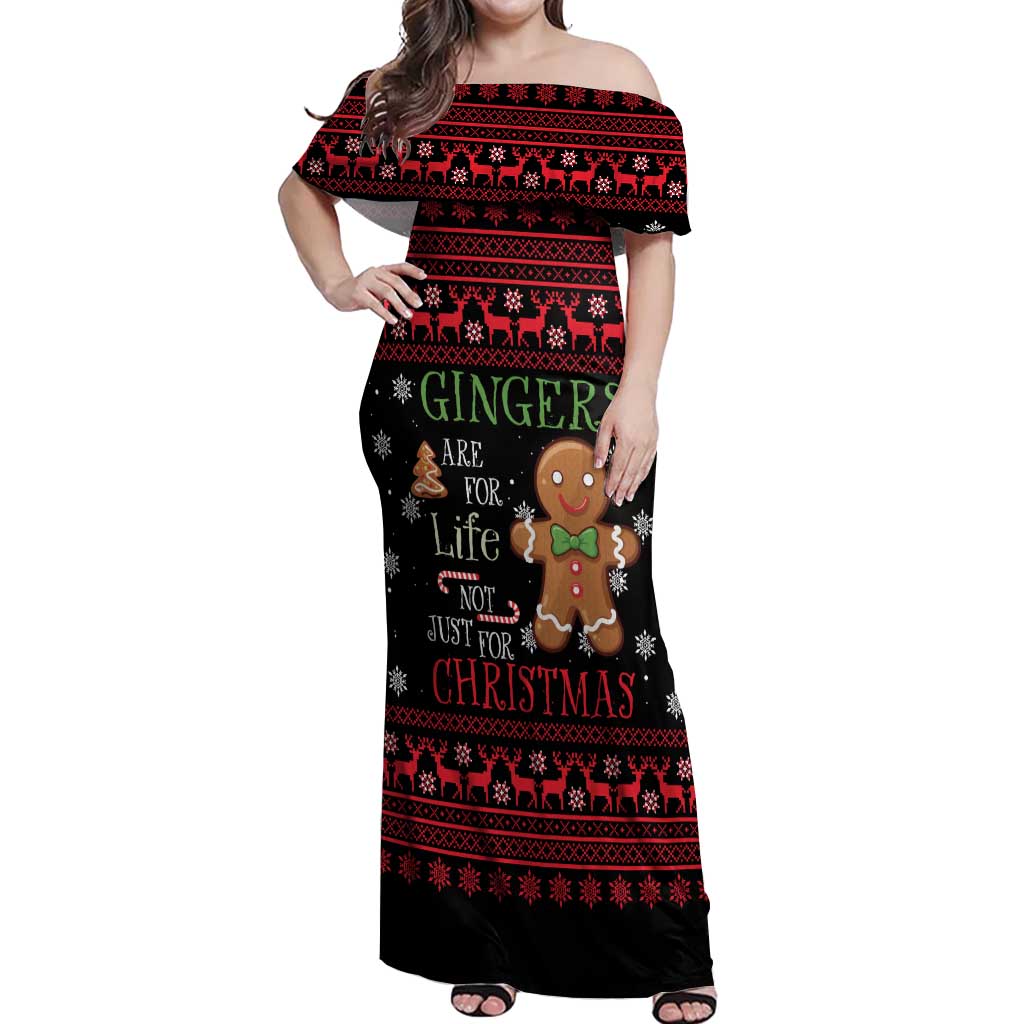 Funny Gingerbread Christmas Off Shoulder Maxi Dress Hoodie with Gingers Are for Life Quote and Snowflake Pattern - Wonder Print Shop