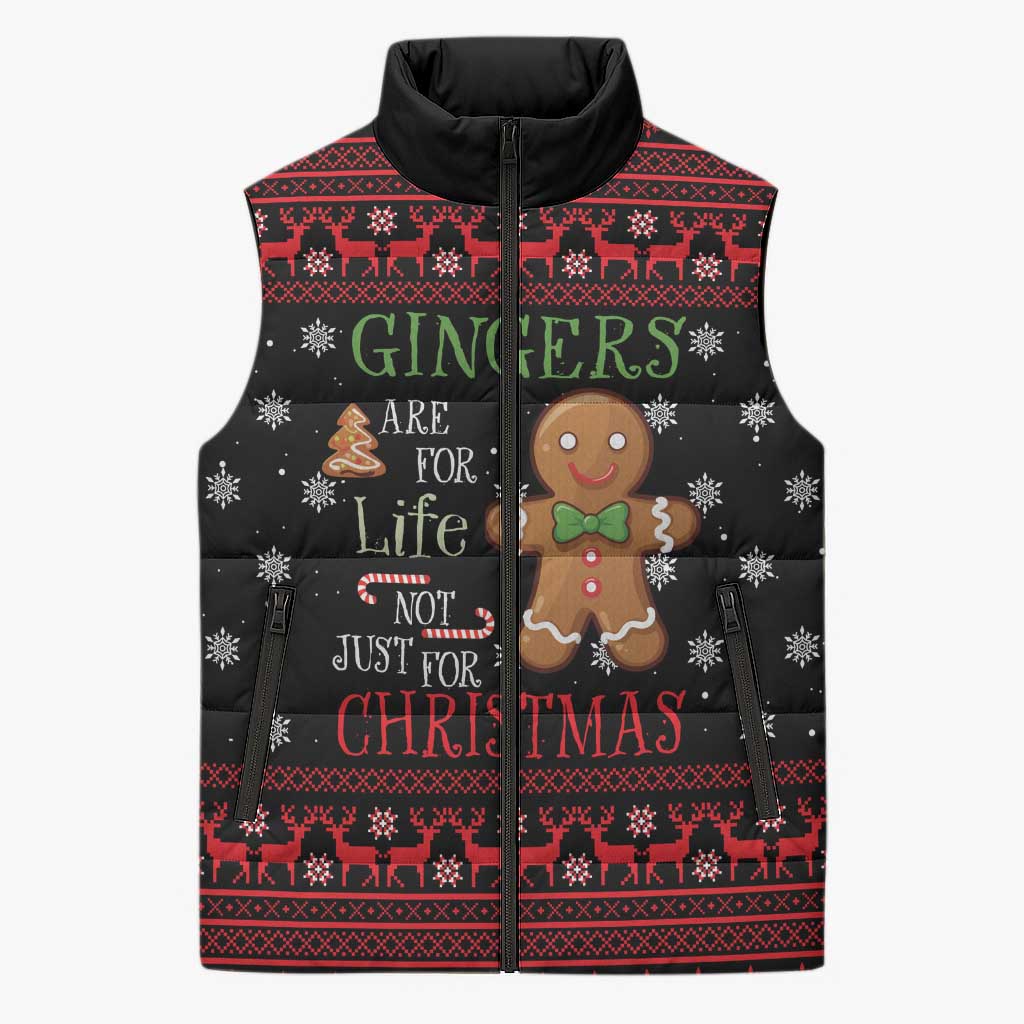 Funny Gingerbread Christmas Sleeveless Puffer Jacket Hoodie with Gingers Are for Life Quote and Snowflake Pattern - Wonder Print Shop