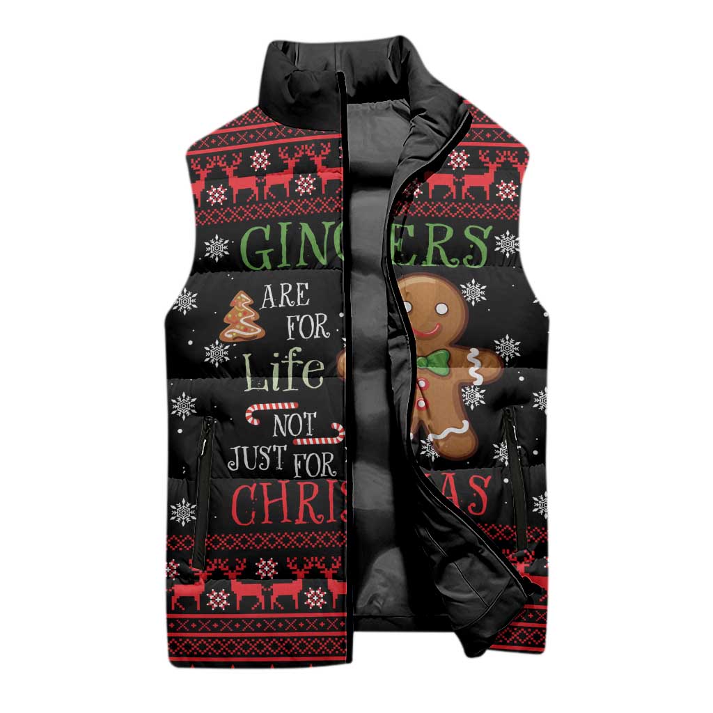 Funny Gingerbread Christmas Sleeveless Puffer Jacket Hoodie with Gingers Are for Life Quote and Snowflake Pattern - Wonder Print Shop