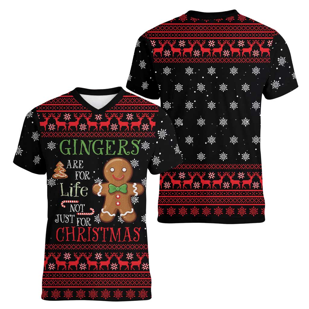 Funny Gingerbread Christmas Women V-Neck T-Shirt Hoodie with Gingers Are for Life Quote and Snowflake Pattern - Wonder Print Shop