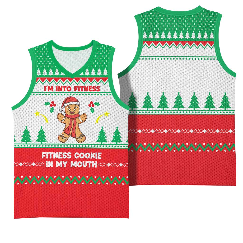 Funny Fitness Cookie Christmas Basketball Jersey with Gingerbread Design and Holiday Pattern - Wonder Print Shop