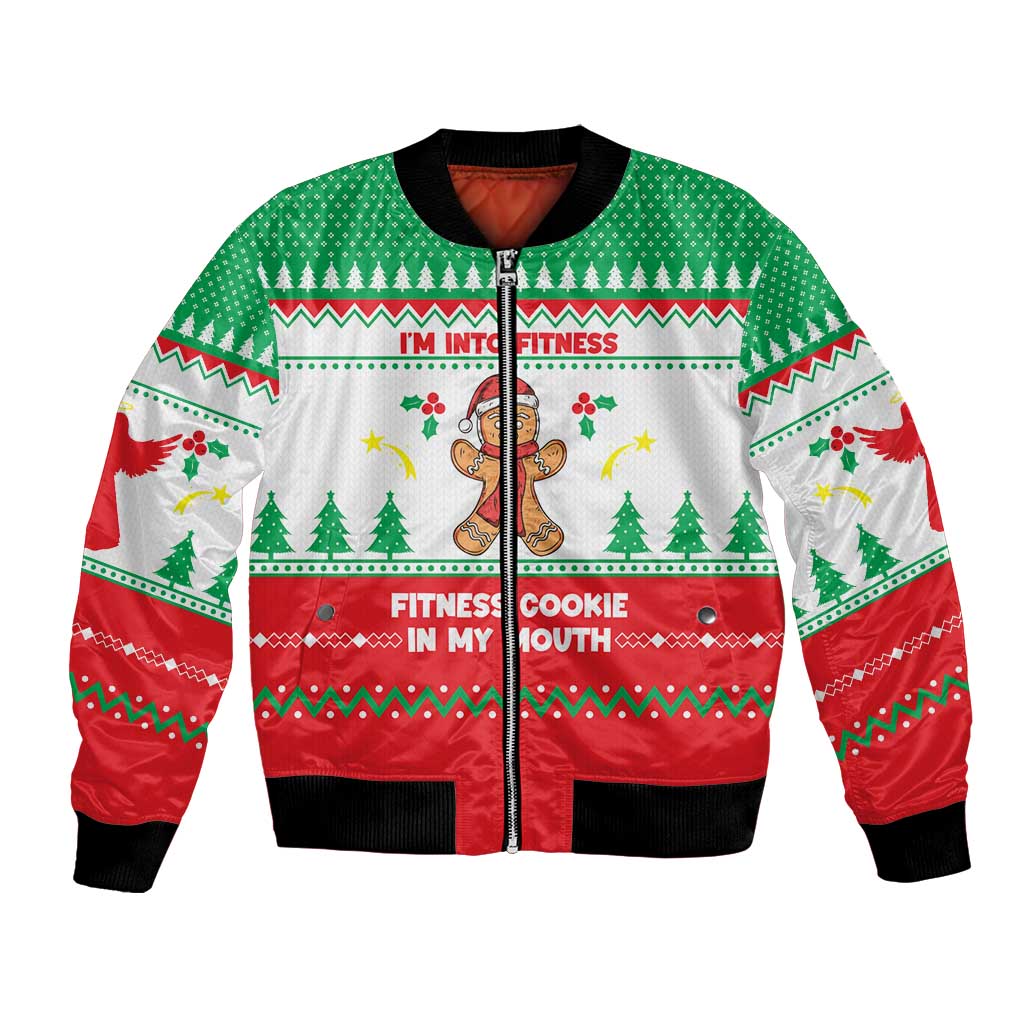 Funny Fitness Cookie Christmas Bomber Jacket with Gingerbread Design and Holiday Pattern - Wonder Print Shop